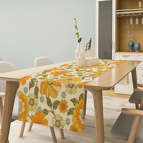 Vintage 60s 70s Floral Table Runner Boho Retro Daisy Flower Hippie Groovy Mid Century Dinner Runner for Home Kitchen Dining Table Party Holiday Decor 13"x36" - color: Orange-28, size: W13"x L36"