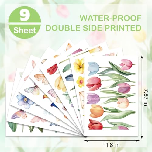 9 Sheets Spring Window Clings Decor, Tulip Floral Butterfly Window Stickers - color: Spring