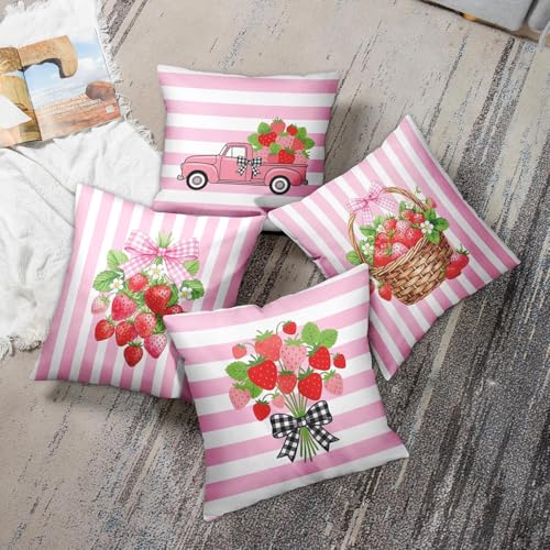 Throw Pillow Covers, Pink Bow, Set of 4, 18"x18" - color: Pink Strawberry