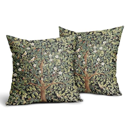 Green Tree Pillow Covers 16X16 Inch Set of 2 Watercolor Forest Bird Floral leaves Decorative Pillow Cases Spring Vintage Leaf Flower Cotton Linen Cushion Case Farmhouse Home Decor For Sofa Couch - color: Green Tree, size: 16" x 16" (Pack of 2)