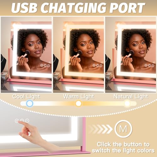 FENNIO Vanity Mirror with Lights 22''x18'' Makeup Mirror with Lights,Lighted Makeup Mirror with 10X Magnification,Smart Touch Screen with 3-Color Lighting,Dimmable(Square Pink) - color: Pink, size: 22"L x 18"W