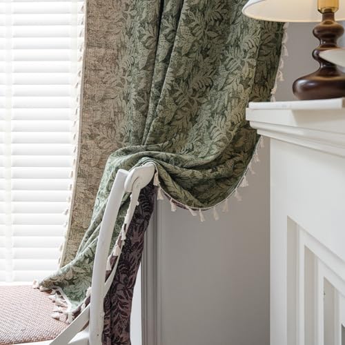ENJOYBRIDAL Green Leaf 63 Inch Curtains 2 Panel Set Farmhouse Short Drapes Semi Sheer Rod Pocket Bedroom Rustic Window Curtain Panels Living Room Boho Aesthetic Country Tassel Window Treatments - color: B Jacquard Green Leaves, size: 52"W x 63"L (Pack of