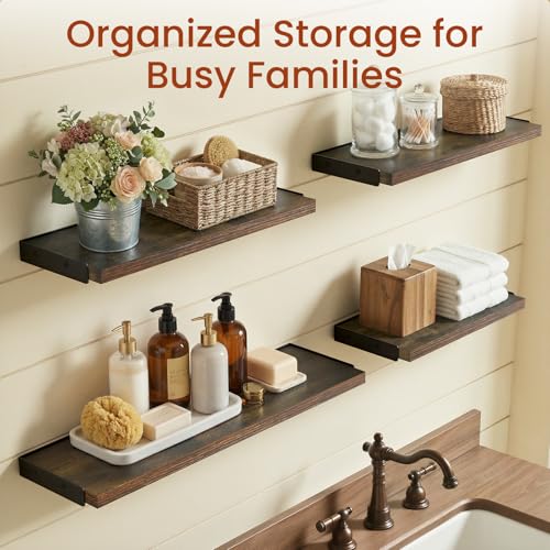 BAYKA Wall Mounted Floating Shelves (Rustic Brown, Set of 4, 16" Mixed) - color: C. Rustic Brown Board & Black Brackets, size: 16 inches Mixed