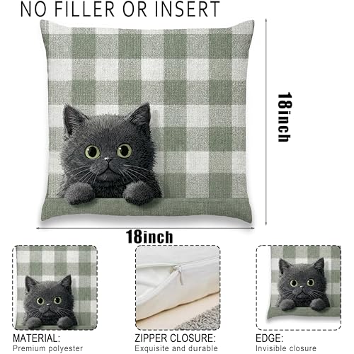 Black Kitten Pillow Cover 18x18 Inches, Sage Plaid Farmhouse Decor - color: Round Black Kitten