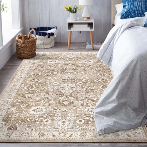 LOKHOM 3x5 Washable Area Rug, Boho Floral Non-Slip Kitchen Area Mat, Beige - color: Beige Brown, size: 3' x 5' (Rectangular)