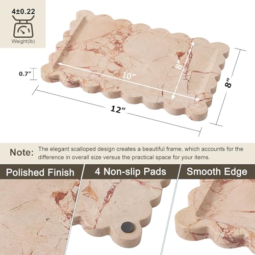 Scalloped Natural Marble Tray - Decorative Stone Tray for Bathroom & Vanity - color: Pink, size: 12" x 8" x 0.7"