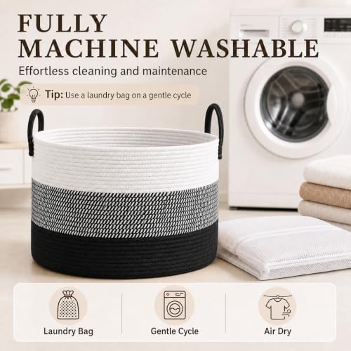 JMvicyroam 65L Extra Large Machine Washable Cotton Rope Blanket Basket - color: White&Black Mix, size: 65L