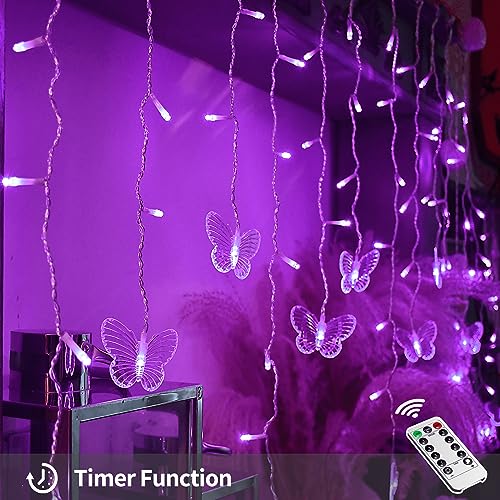 YOLIGHT Butterfly Curtain Lights 13ft 96 LED Fairy Lights 8 Modes String Lights with Remote, Butterfly Hanging Decoration for Girls Room Bedroom Wall Ceiling Party Wedding Holiday Christmas (Purple) - color: Purple