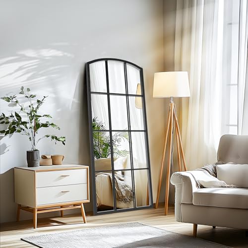Black Windowpane Wall Mirror, 24" x 48" Arched Full Length Mirror - color: Black, size: 48"L x 24"W