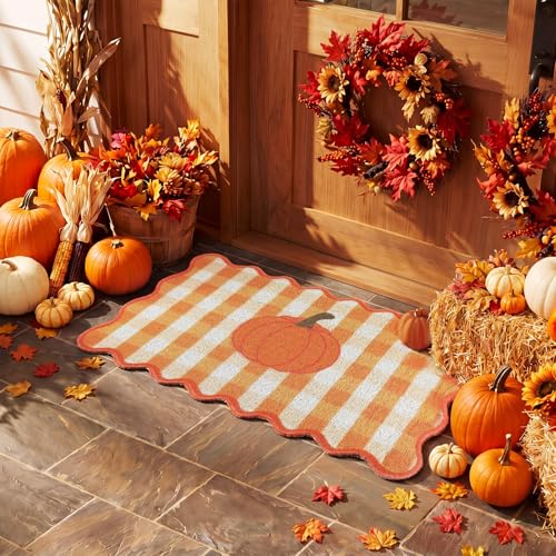 Fall Doormat Outdoor Pumpkin Orange White Gingham Welcome Scalloped Mat - style: Large Pumpkin