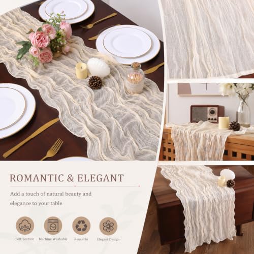 12 Pack Beige Cheesecloth Table Runners, 35 x 120 Inch Boho Gauze Table Runner, Soft Sheer Wrinkled Rustic Fabric Runner for Wedding Reception, Bridal Shower, Baby Shower, Farmhouse Table Decor - color: Beige, size: 12 pcs 35*120 Inch