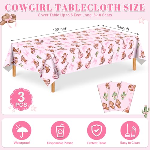 3 Pack Coquette Bow Cowgirl Tablecloths, Cowgirl Birthday Party Supplies - color: Cowgirl