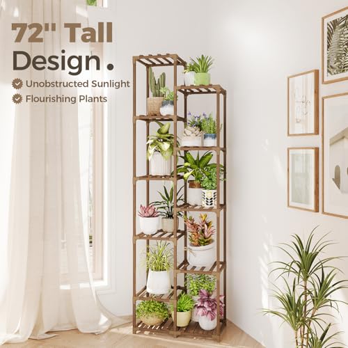 Bamworld Plant Stand Indoor Outdoor 11 Tier Tall Large Wood Plant Shelf - color: Brown, size: 11 Tiers - Standard