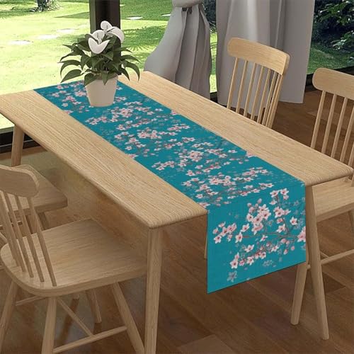 Japanese Table Runner, Blue Traditional Cherry Blossom Spring Pink Floral Flower Branch Seasonal Summer Table Center Decor for Family Kitchen Table Decorations Indoor Outdoor 13x36 inch - color: Cherry Blossom-8, size: 13x36" Table Runner