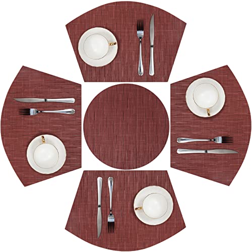 SHACOS Small Round Table Placemats Set of 5 Woven Vinyl Wedge Placemats with Centerpiece Round Table Mats Heat Resistant Wipe Clean (5, Burgundy Red) - color: Burgundy Red