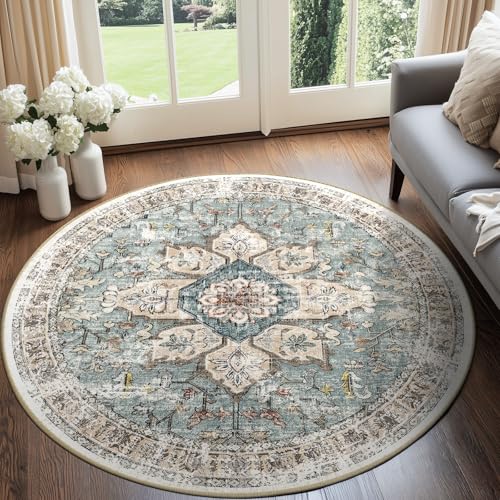 BESTSWEETIE Washable Boho Round 8ft Area Rug for Living Room, Green Brick - color: Green/Brick/Rust Red, size: 8' (Round)