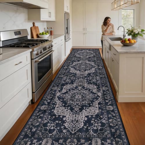 nesrt 3×12ft Washable Runner Rug for Hallway, Extra Long Soft Kitchen Floor with Non-Slip Rubber Backing, Vintage Distressed Oriental Indoor Decor Rug for Entryway, Bedroom, Living Room (Blue) - color: Blue, size: 3' x 12' (Rectangular)