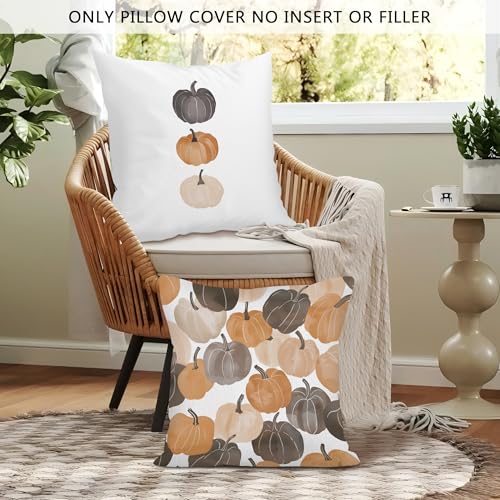 Vintage Fall Pumpkin Throw Pillow Covers 18x18 Set of 2, Autumn Thanksgiving Harvest Decor Pillow Cases, Rustic Black White Pumpkin Decor Cushion Cover Pillowcases for Bedroom Living Room - color: White