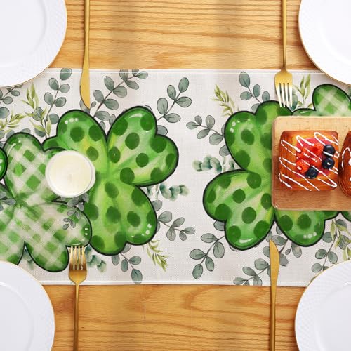 ONFAON St Patrick's Day Table Runner Decorations Shamrock Eucalyptus Heart Seasonal Spring Kitchen Dining Table Decoration for Home Party Decor 13x72 Inch - size: St Patricks 01