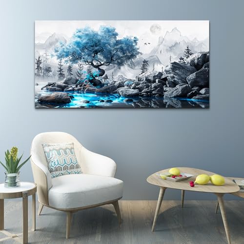 Canvas Wall Art for Living Room Black And White Landscape Tree 20x40 Inches - color: Blue Tree, size: 40"L x 20"W