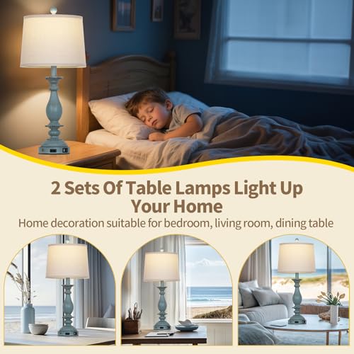 CINSARY 28" Tall Coastal Table Lamps for Living Room Set of 2, Farmhouse Rustic Blue Bedside Touch Lamp with USB C+A Ports & Outlet, 3-Way Dimmable Resin Nightstand Lamps for Bedroom Side End Table - color: Blue