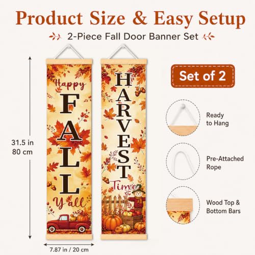 Happy Fall Harvest Door Banner Set of 2, Pumpkin Truck Porch Decor for Home - color: Color 12