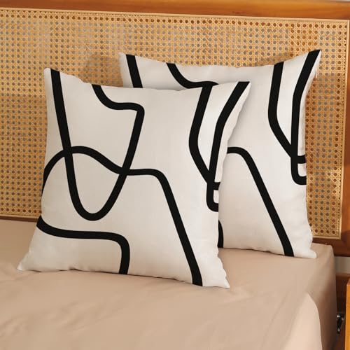 Boho Abstract Black Beige Art Line Pillow Covers 16x16 Set of 2 - color: Black Art Line-q, size: 16" x 16" (Pack of 2)