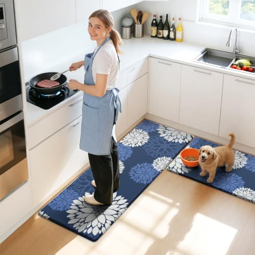 Kitchen Mats 2 Piece Set, Anti Fatigue Non Slip Cushioned Floor Rugs, Blue - size: 17.3"W×47"L+17.3"W×30"L-0.4"Th