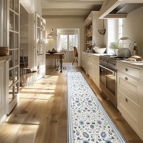 EVERGRACE Hallyway Area Runner Rugs 2x10, Boho Floral Faux Wool Indoor Outdoor Rugs, Washable Rugs for Bedroom Dining Room Living Room Kitchen, Low Pile Floor Mat Carpet for Home Decor, Porcelain Blue - color: Porcelain Blue Multi, size: 2'x10'