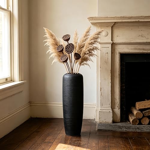 Black Rustic Ceramic Floor Vase, 24 Inch, Ribbed Texture - size: 23.6 Inch