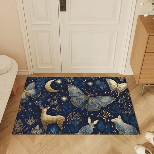 Blue Butterfly Moon Deer Bath Mat Rug, Door Mat Doormat Entrance Non-Slip Bathroom Rugs for Entryway Bathroom Kitchen 17 x 30 Inch - color: Blue Butterfly Moon Deer
