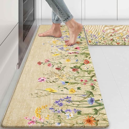 Kitchen Rug Mats for Floor Cushioned Anti Fatigue Floral Kitchen Rugs Sets of 2 Farmhouse Wildflowers Non Slip Waterproof Comfort Memory Foam Standing Floor Mat for Office Laundry Sink Desk - color: Floral, size: 46"Lx17"W+29"Lx17"W-0.3"H