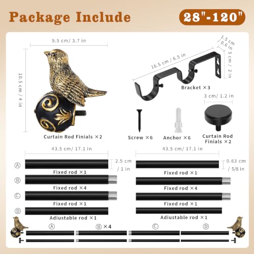 Double Curtain Rods for Windows 84-120 Inch, Gold Bird Finials - size: 84-120