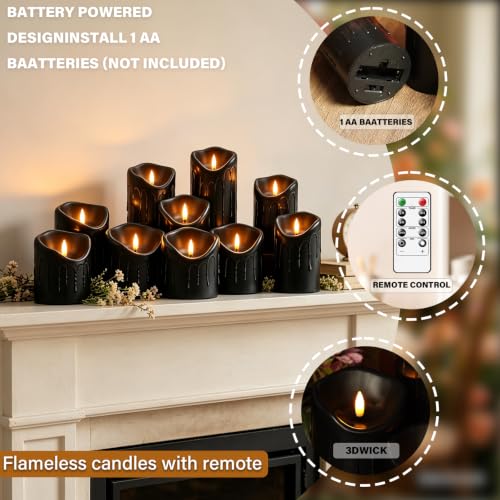 Nimiko Flameless Candles with Remote, Battery Operated Flickering Flameless Candles, LED Candles with Timer 2/4/6/8H, Realistic Drop Wax flameless Candle Set of 9 (D3 x H 3" 4" 5" 6" 7") (Black) - color: Black-dripping wax