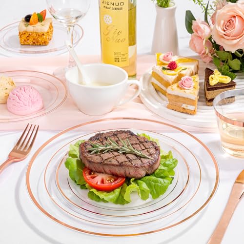 bUCLA 150PCS Clear Rose Gold Disposable Dinnerware set - Rose Gold Plastic Plates Include 25 Dinner / 25 Dessert Plates, 25 Knives, 25 Forks, 25 Spoons, 25 Cups for Party & Wedding - color: Clear Rose Gold