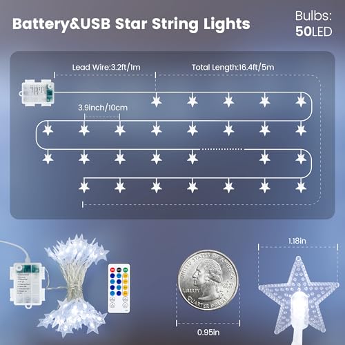 HEYFUNi White Star String Lights with Remote, 16FT USB/Battery Powered - color: White, size: 50 LED-Battery&USB