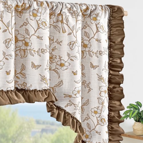 Yinhua Floral Valances for Windows, French Country Ruffle Swag Curtains, Linen Light Filtering Window Valances Rod Pocket Kitchen Curtains Valance for Living Room, 60" W x 36" L, 1 Panel, Brown - color: Brown, size: 60"W x 36"L (Pack of 1)