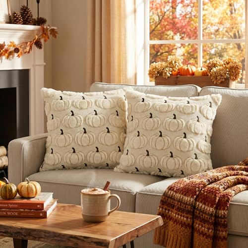 AVOIN colorlife Beige Fall Pumpkin Throw Pillow Covers 18x18 Inch - color: Beige, size: 18" x 18" (Pack of 2)