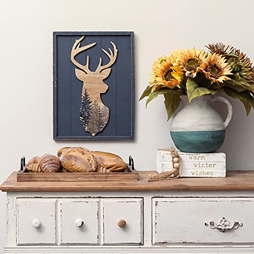 NIKKY HOME Cabin Wall Decor, Decorative Deer Wood Framed Forest Mountain Woodland Wildlife Lodge Elk Animal Picture Art Print Bathroom Decor, 12 x 16 Inches - color: Deer, size: 16"L x 12"W
