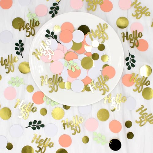 300PC 50TH Birthday Confetti for Table Pink and Sage Green Happy 50TH Birthday Decorations for Women Dots Hello 50 Confetti Scatters Fifty and Fabulous Party Decor Supplies - style: Pink Hello 50 Confetti