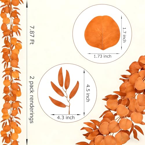 CQURE 12 Pack 84Ft Eucalyptus Garland,Artificial Eucalyptus Willow Leaves Table Greenery Garland Wreath Vines for Wedding Party Table Fireplace Bedroom Wall Room Decor - size: 84Ft-12Pack-Willow-Orange