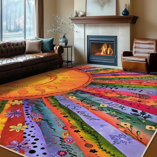 Likiyol Sun Rugs for Living Room 9x12 Area Rug, Non Slip Washable Rugs for Bedroom Soft Faux Wool Inspirational Living Room Rug, Large Floor Carpet for Bedroom, Dining Room, Home Office - size: 9' x 12' (Rectangular)