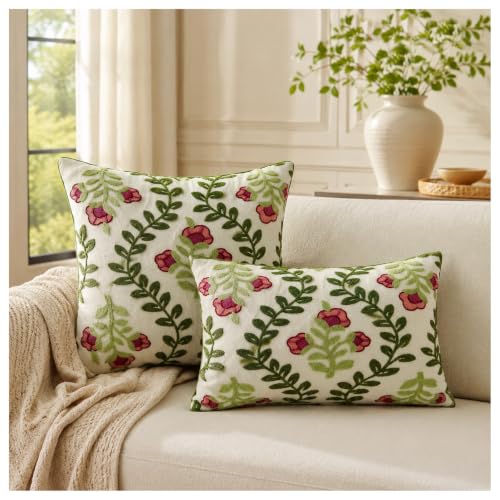 Floral Embroidered Pink Flowers Decorative Throw Pillow Cover 18"x18" Farmhouse Cottage Cotton Canvas Couch Sofa Bed Living Room Decor Pillow Cover, Rose and Green Leaves Knit Patterned Cushion Cases - color: Farmhouse Floral Pink, size: 18" x 18" (Pack o