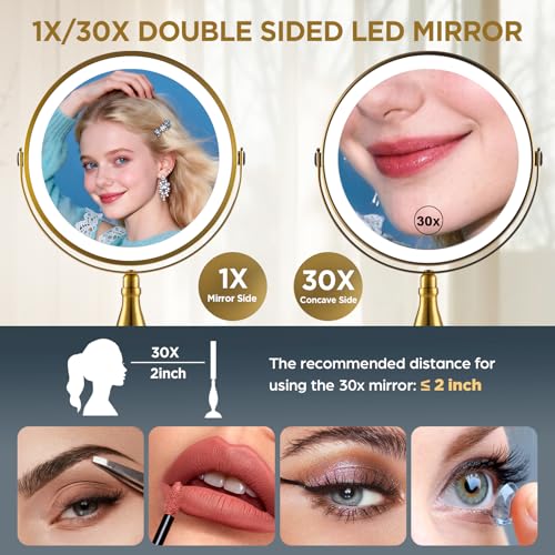 Makeup Mirror with Lights, 30X Golden Magnifying Mirror - color: Gold