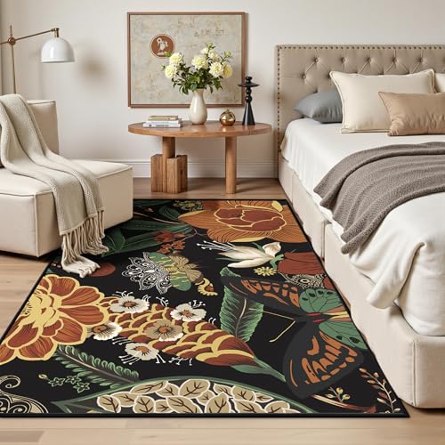 Tyrot Vintage Black Boho Floral 3x5 Washable Area Rug Flat Woven Ultra-Thin Low Pile Botanical Rugs Non-Slip Indoor Rug for Bedroom, Entryway, Kitchen, Dorm, Kids Room, Nursery - color: Mocha Noir, size: 3' x 5' (Rectangular)