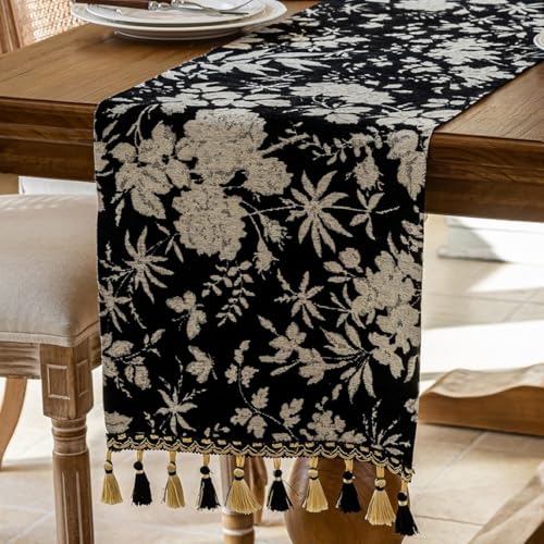 Botanical Floral Dining Black Boho Table Runner 13 x 71 Inch - color: Floral Black, size: 13" x 71"