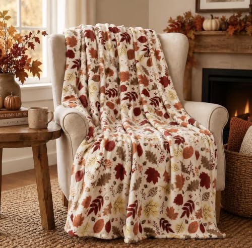 Fall Leaves Soft Fleece Throw Blanket, Red Yellow Brown Beige Colors, 50x70 - color: Colorful Leaves