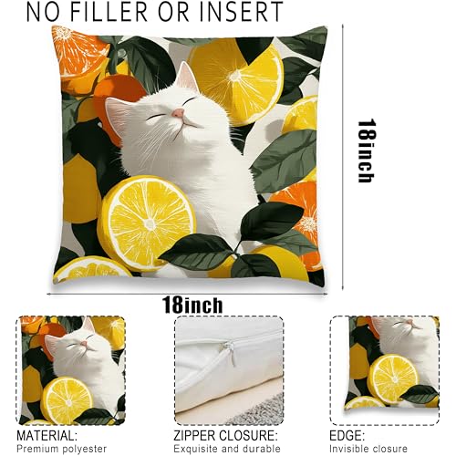 Sleeping Cat Pillow Cover 18x18 Inches, Citrus Botanical Decor - color: Lemon Cat