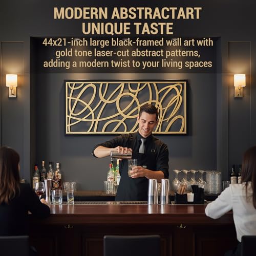 MyGift 44 x 21 Inch Large Black Framed Gold Tone Metal Abstract Laser Cut Panel Wall Art, Home Living Room Bathroom Bedroom Office Modern Minimalist Decor Accent