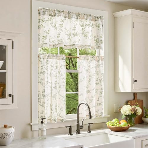 jinchan Green Linen Floral Kitchen Tier Curtains and Valance Set 3 Pieces - color: Alisa | Green on Linen, size: 26"W x 36"L (Pack of 3)